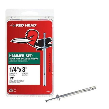 Red Head Nail Drive Anchor, 1/4" Dia., 3" L, Steel Zinc Plated, 25 PK 35207